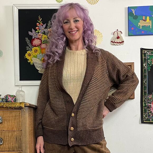 Vintage Grandpa Cardigan, 1970s Brown Tweed Deep V-Neck Button Front Sweater Lg - Picture 1 of 14